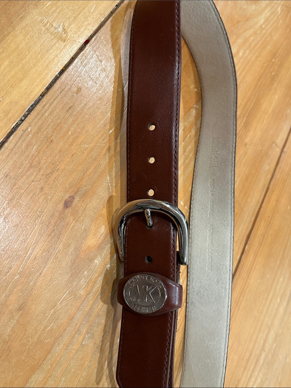 Michael Kors Men's Dark Brown Leather Belt with Silver MK Buckle